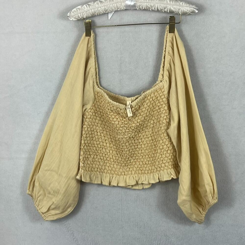 Spell & The Gypsy Blouse Large Jesse Jane Cropped Shirred Smocked Balloon Sleeve